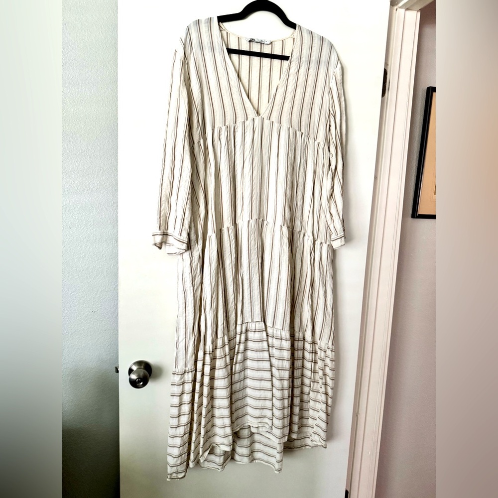 V-Neck Long Sleeve Striped Maxi Dress - Cream